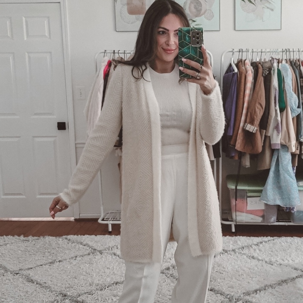 Women's Marbled Beige Diamond Pattern Open Cardigan Sweater S